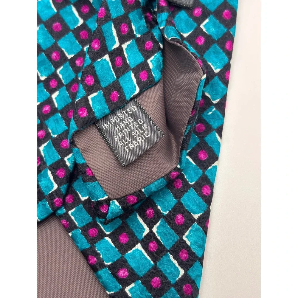 Jones New York Mens Silk Necktie Teal Magenta Geometric Hand Printed Tie